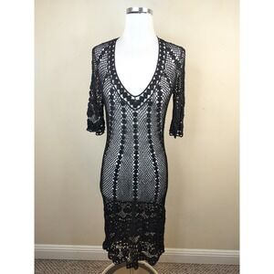 After the Rain Crochet Knit Midi Dress Womens Large V-Neck Short Sleeve Sheath